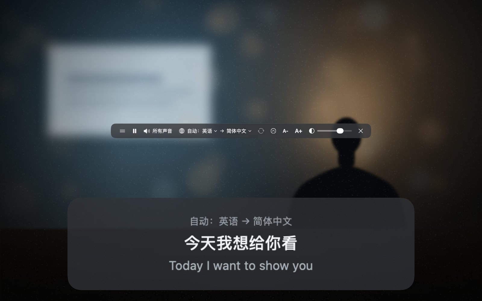 实时翻译截图:屏幕底部的悬浮字幕,上面是译文,下面是原文
